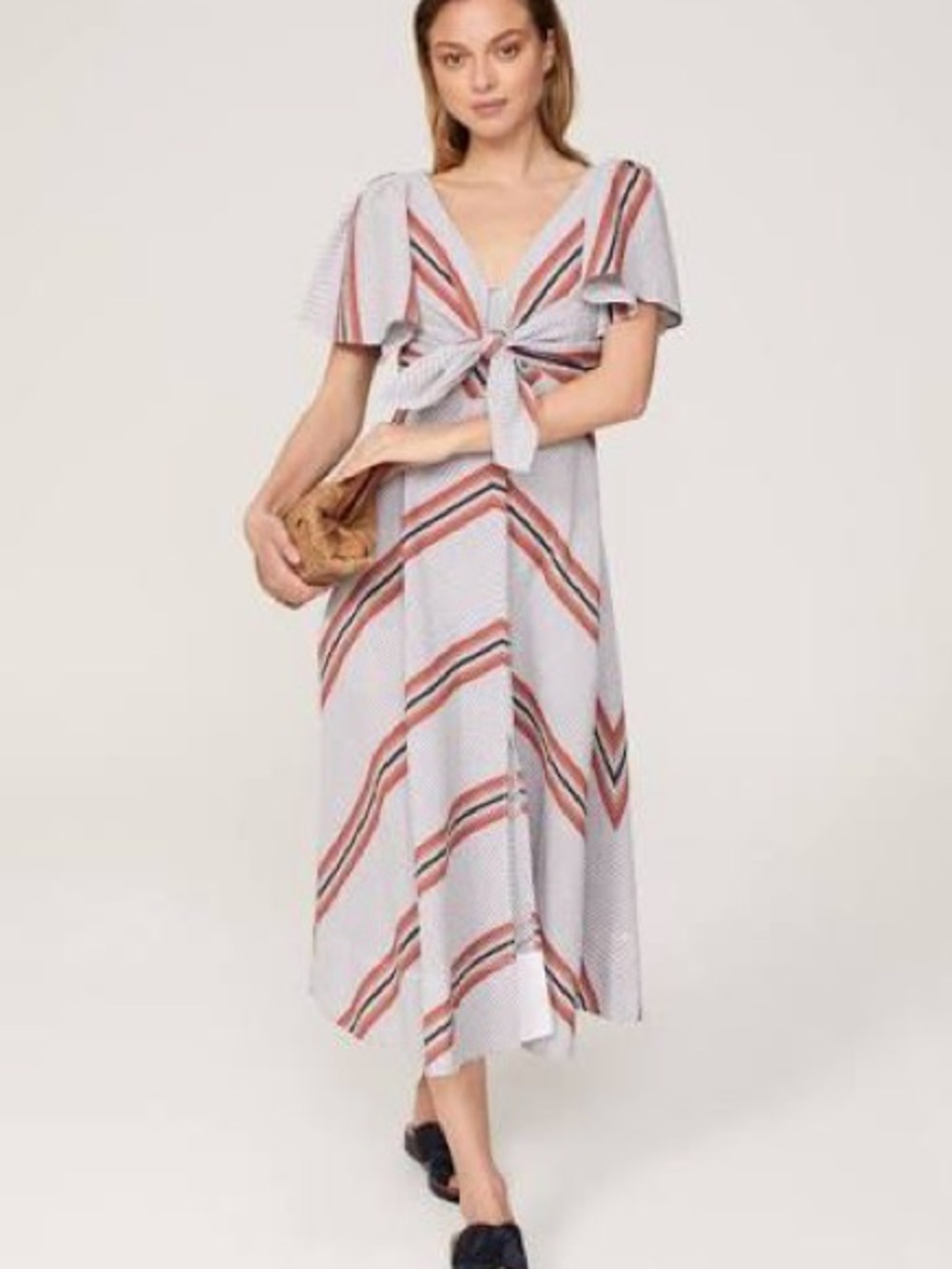 Tanya Taylor Lonna Dress| Tie-Front Striped Midi in White and Coral|Sz 4